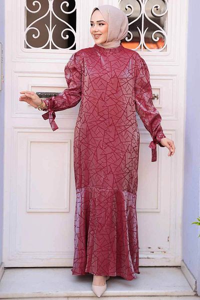 N.S NEVA STYLE Patterned Burgundy Hijab Satin Dress 4457Br