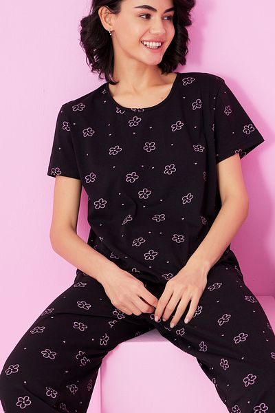 Siyah İnci Black Pink Flower Printed Crew Neck Knitted Pajama Set