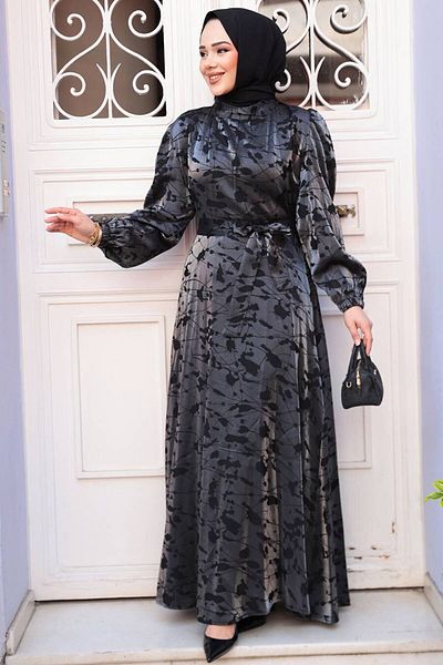 N.S NEVA STYLE Φόρεμα με σχέδιο Anthracite Hijab Satin 52921ANT