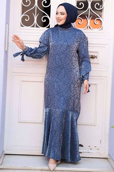 N.S NEVA STYLE Indigo Blue Patterned Satin Dress 4457Im