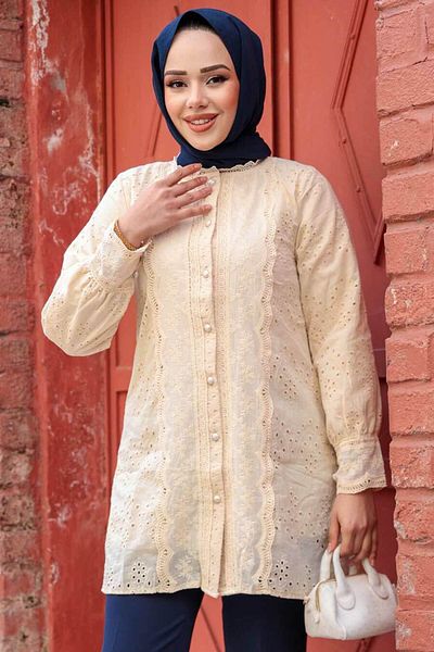 N.S NEVA STYLE Guipure Beige Hijab Tunic 20012Bej