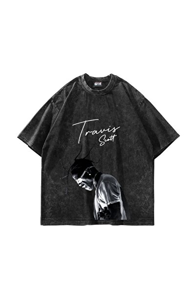 Bak Moda Tricou negru oversize unisex cu imprimeu Travis Scott