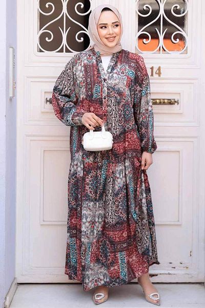 N.S NEVA STYLE Patterned Burgundy Hijab Dress 52943Br