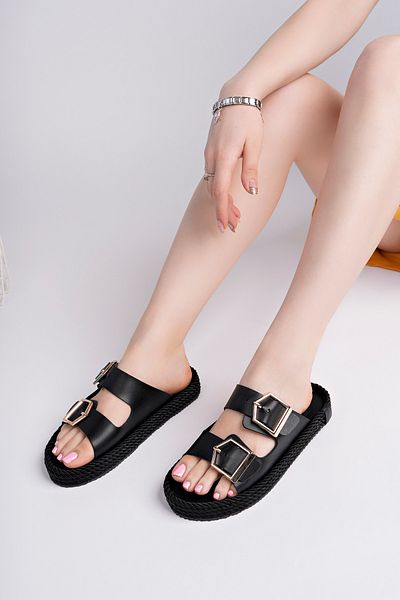 meyra'nın ayakkabıları Women's Black Skin Orthopedic Sole Double Buckle Straw Slippers