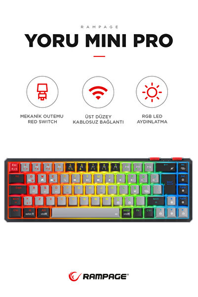 Rampage Yoru Mini Pro 2.4ghz Bt5.0 Type-c Kablosuz Red Switch Rgb Mekanik Gaming Oyuncu Klavye Q Tr Hot Swap