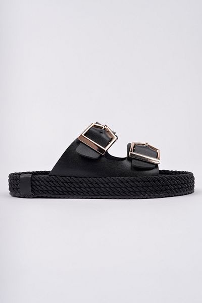meyra'nın ayakkabıları Women's Black Skin Orthopedic Sole Double Buckle Straw Slippers