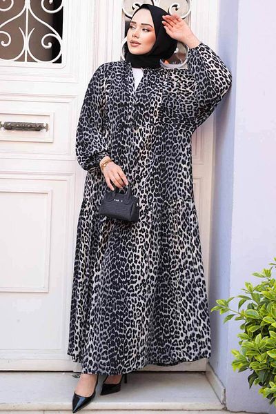 N.S NEVA STYLE Φόρεμα Hijab Γκρι με σχέδιο Leopard 52942GR
