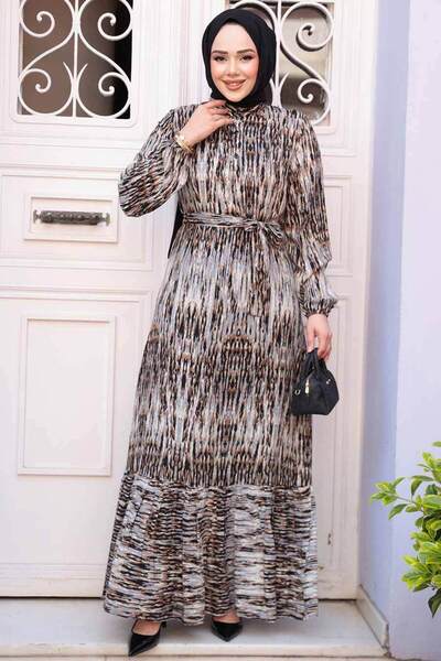 N.S NEVA STYLE Patterned Gray Hijab Dress 52721Gr