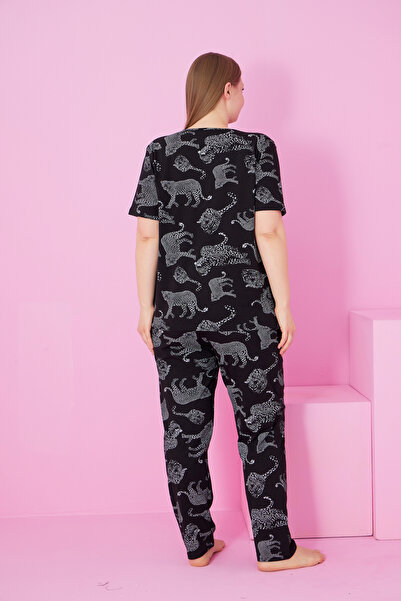 Siyah İnci siyah beyaz kaplan leopar baskılı Büyük Beden Battal Boy bisiklet yaka Örme Pijama Takım