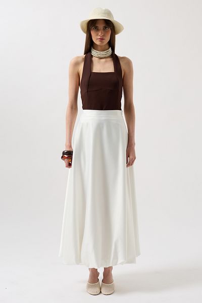 Black Fashion Satin Balloon Detail Midi White Skirt