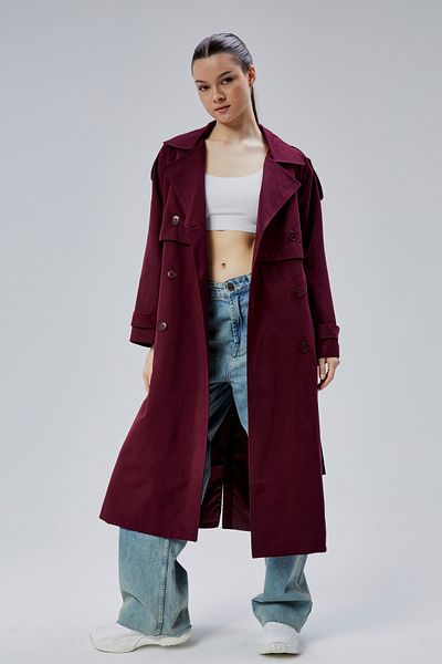 Bolivente Burgundy Oversize Double Breasted Closure Windbreaker Detailed Trench Coat