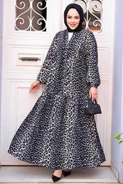 N.S NEVA STYLE Leopard Patterned Gray Hijab Dress 52942Gr