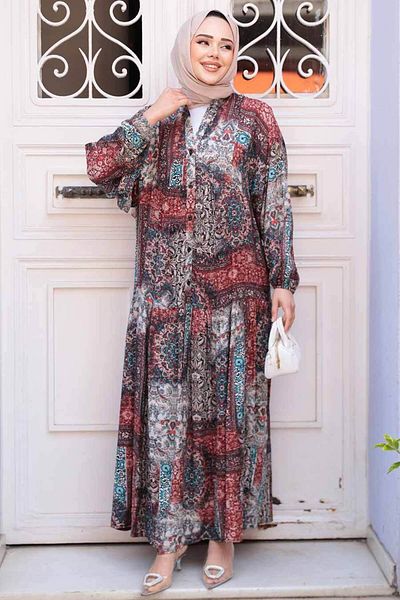 N.S NEVA STYLE Patterned Burgundy Hijab Dress 52943Br