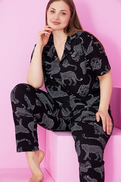 Siyah İnci Black and White Tiger Leopard Printed Large Size Oversized Buttoned Knitted Pajama Set