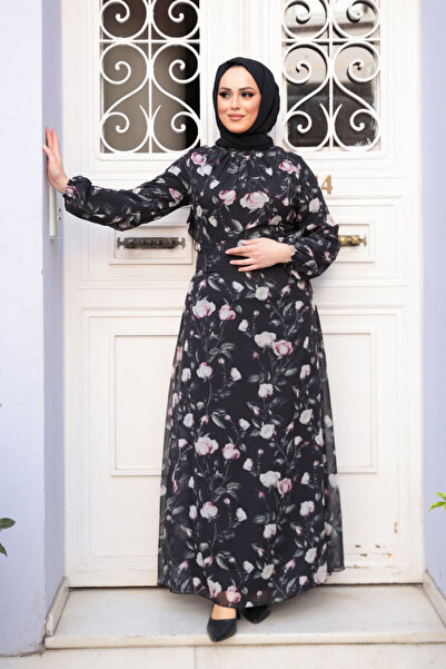 N.S NEVA STYLE Floral Patterned Black Hijab Dress 279921 S