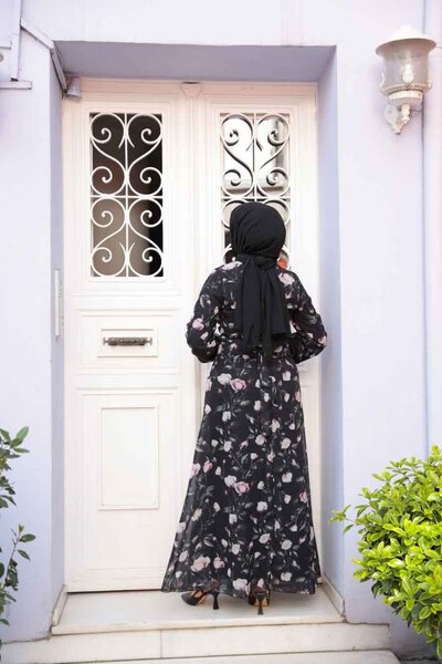 N.S NEVA STYLE Floral Patterned Black Hijab Dress 279921 S