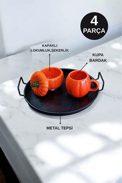 İLİVA 4 Piece Metal Tray Pumpkin Decor Sugar Bowl and Mug Cup Set