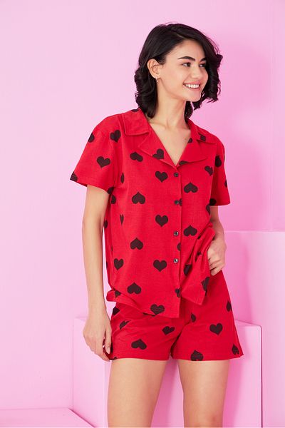 Siyah İnci Red Black Heart Printed Shirt Collar Buttoned Knitted Shorts Set