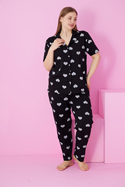 Siyah İnci Black and White Heart Printed Large Size Oversized Buttoned Knitted Pajama Set