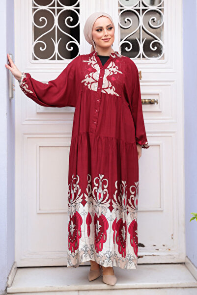 N.S NEVA STYLE Patterned Burgundy Hijab Dress 32162Br