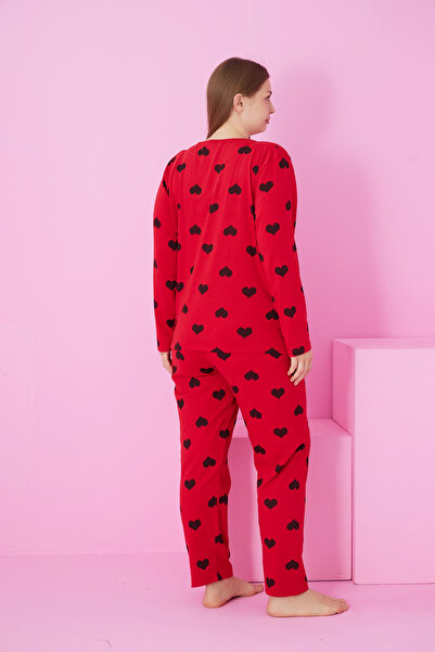 Siyah İnci roșu negru inimă cu imprimeu Mărime mare Oversize guler rotund din material subțire Set pijama