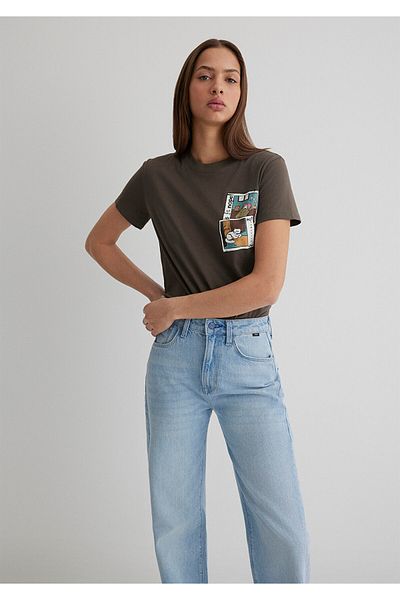 Mavi Braunes T-Shirt mit Katzenmuster, halbschmale Passform 1613200 -81959