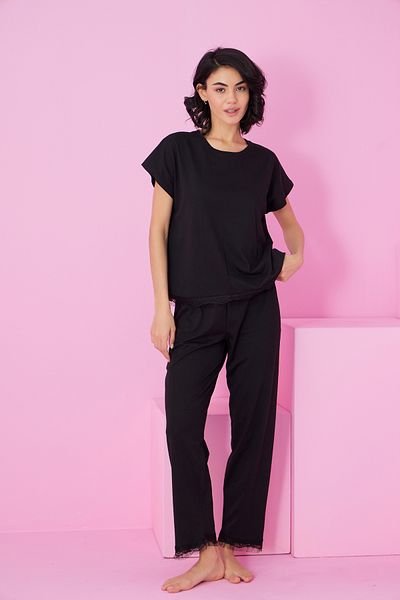 Siyah İnci Black Lace Detailed Crew Neck Knitted Pajama Set