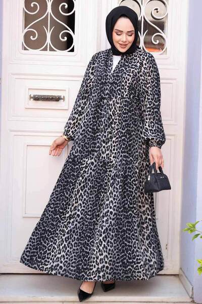 N.S NEVA STYLE Leopard Patterned Gray Hijab Dress 52942Gr