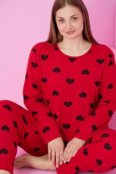 Siyah İnci roșu negru inimă cu imprimeu Mărime mare Oversize guler rotund din material subțire Set pijama