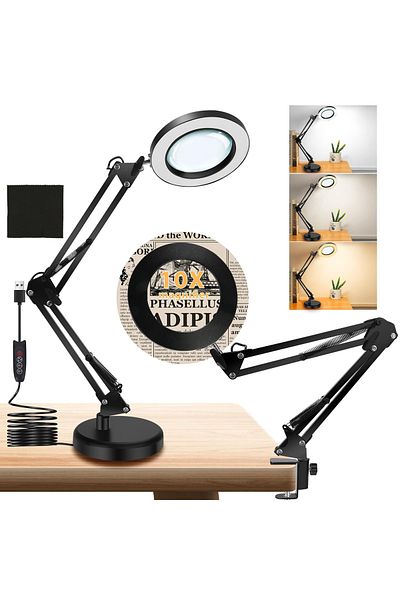 COOYA 2 in 1 foldable LED desk lamp, 5 color modes, 10 brightness levels, with 10x magnifying glass, black