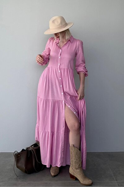 Madmext Pembe Çizgili Düğmeli Uzun Elbise MG2392