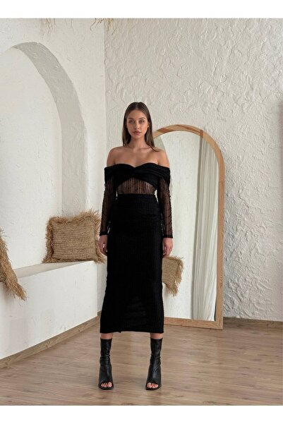 CAN ÇAPAR Kadın Abiye Tül İşlemeli Transparan Göbek Detaylı Midi Elbise - Abiye & Mezunyet Elbisesi