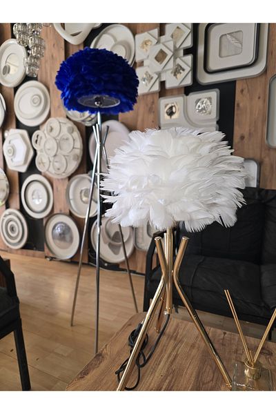 lıght hause Metal Tripod Model - Real Lampshade with Bird Feather White