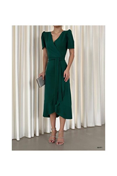 Kokosh moda Kadın Kuşak Detaylı Midi Boy Kruvaze Yaka Abiye Elbise