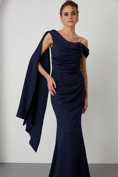 Lafaba Women's Navy Blue One Shoulder Stone Strap Long Satin Evening Dress