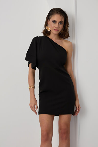 Lafaba Rochie mini neagră cu o mânecă, decoltată la spate