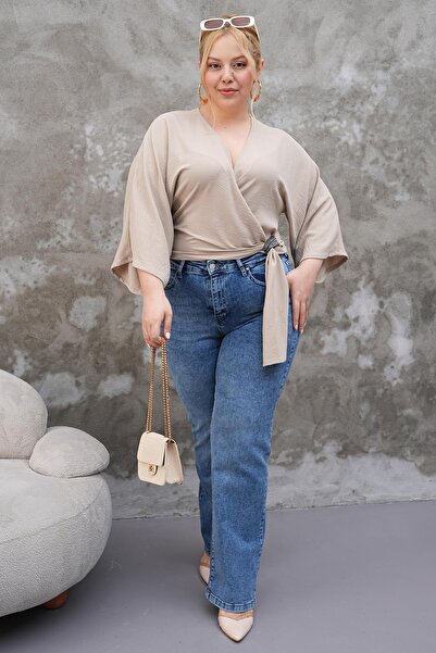 Siyezen Plus Size Bat Sleeve Double Breasted Blouse with Binding Detail