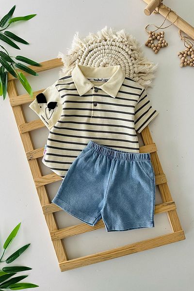 Minigimin Cicileri My Little One's Cicileri Lacost Cute Teddy Bear Detailed Striped Baby Boy Suit - Anthracite