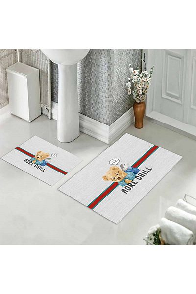Evmila Teddy Bear Patterned Set of 2 Non-Slip Bath Mats