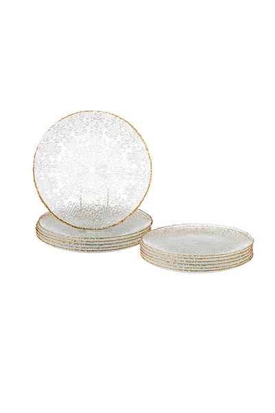 Dania Set of 12 Turkish glass plates with a golden line and a beautiful multi-purpose design, size 20.5 cm