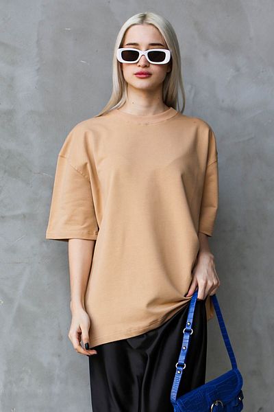 Madmext Beigefarbenes Basic-Oversize-T-Shirt mit Rundhalsausschnitt Mg1687