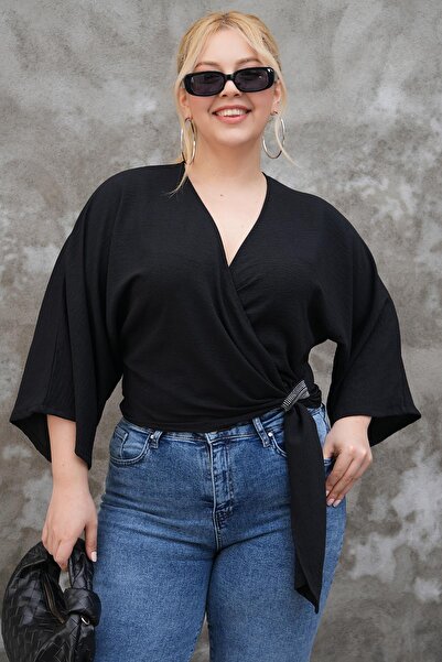 Siyezen Plus Size Bat Sleeve Double Breasted Blouse with Binding Detail