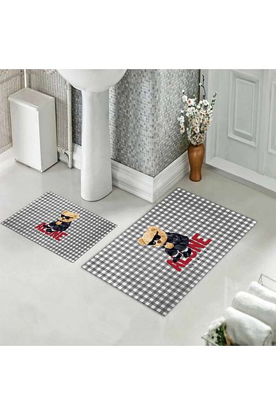 Evmila Teddy Bear Patterned Set of 2 Non-Slip Bath Mats