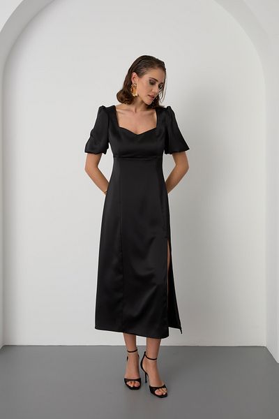 Lafaba Women's Black Balloon Sleeve Slit Satin Midi Dress