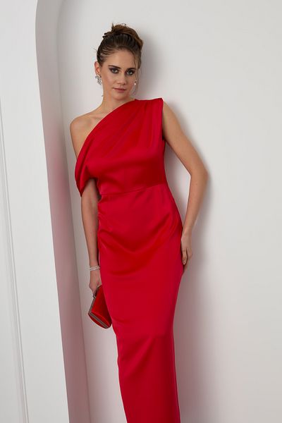 Lafaba Women's Red Degaje Collar Slit Satin Midi Dress