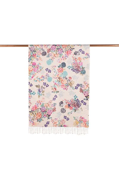 ipekevi Turquoise White Yalı Garden Patterned Silk Shawl