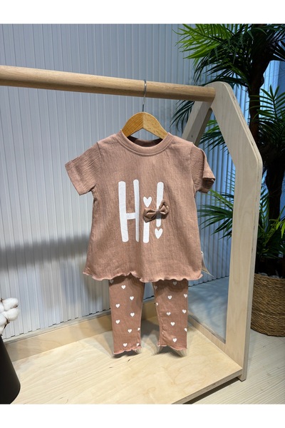 Canbi Kids Baby Girl Hi Printed Bow Detailed Cotton T-Shirt Heart Printed Tights Set of 2
