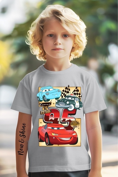 New Shine Arabalar Şimşek McQueen BASKILI BASKILI OVERSİZE ÇOCUK T-SHİRT