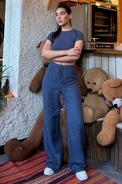Madmext MG1980 Model - Dark Blue Wide Leg Muslin Women's Trousers