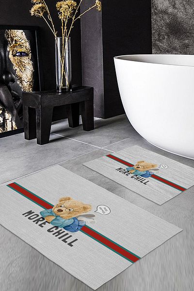 Evmila Teddy Bear Patterned Set of 2 Non-Slip Bath Mats